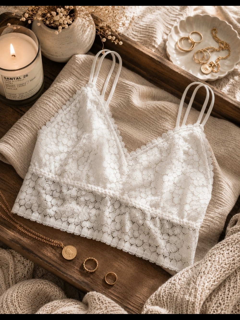 White Strappy Lace Bralette, Feminine, Boho, Cozy
